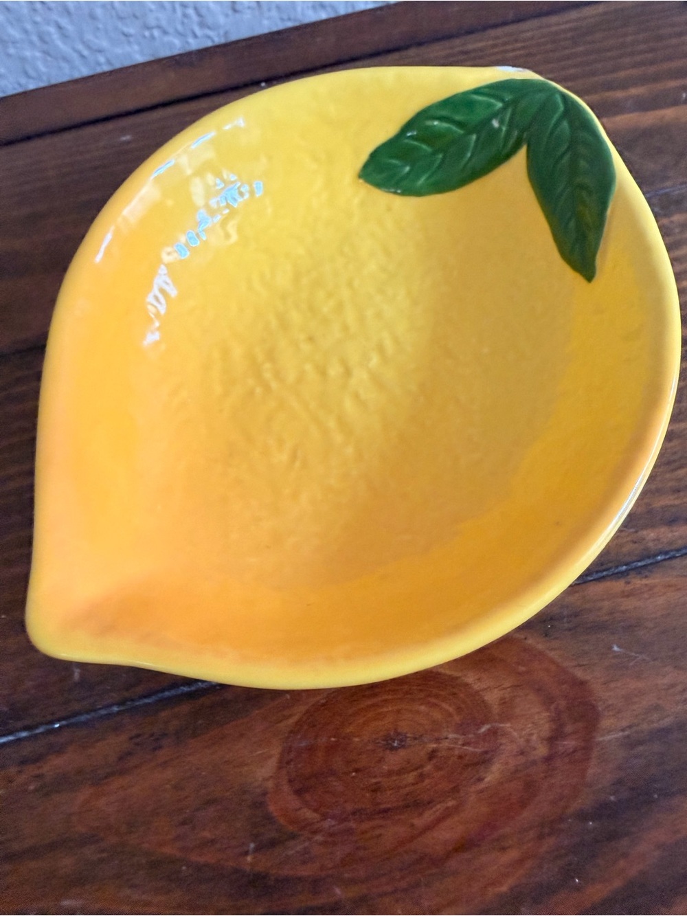 Pottery Barn Yellow Lemon-Shaped Ceramic Bowl with Green Leaf Accent
